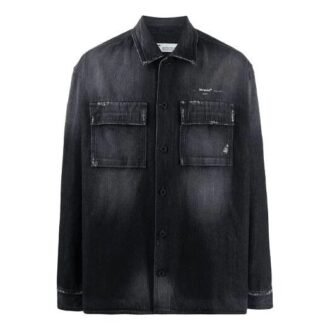 Denimjakke med stor lomme, lange ermer og løs passform, grå