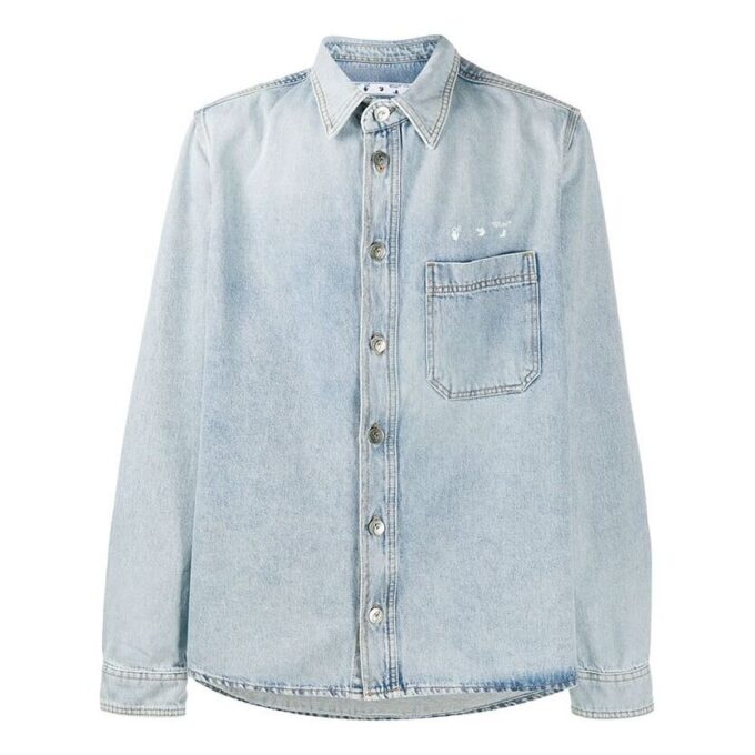 Denimskjorte med logo-trykk, langermet, menn, blå