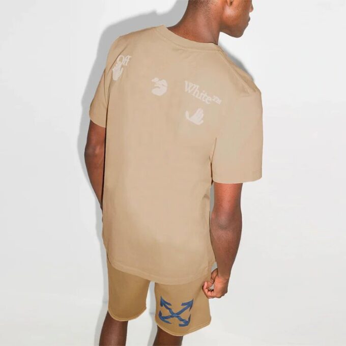 Herre Off-White x Browns Crossover-logo, trykk, rund hals, korte ermer, khaki