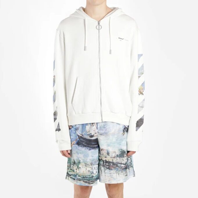 Hettegenser med glidelås og trykk for menn, hvit