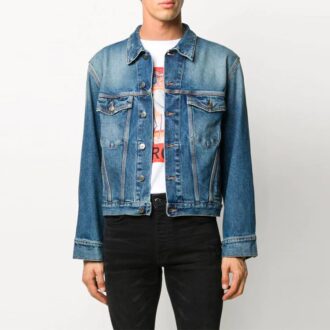 Mønstret Denim-jakke med trykk, løs passform, blå