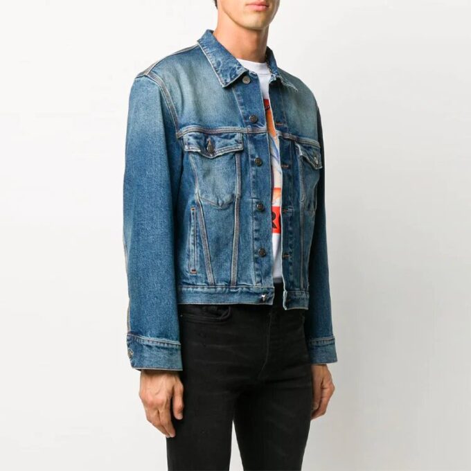 Mønstret Denim-jakke med trykk, løs passform, blå
