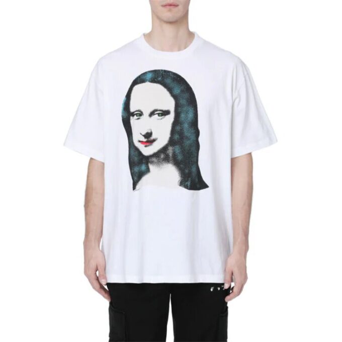 Mona Lisa-trykk, stor, kort ermet, hvit