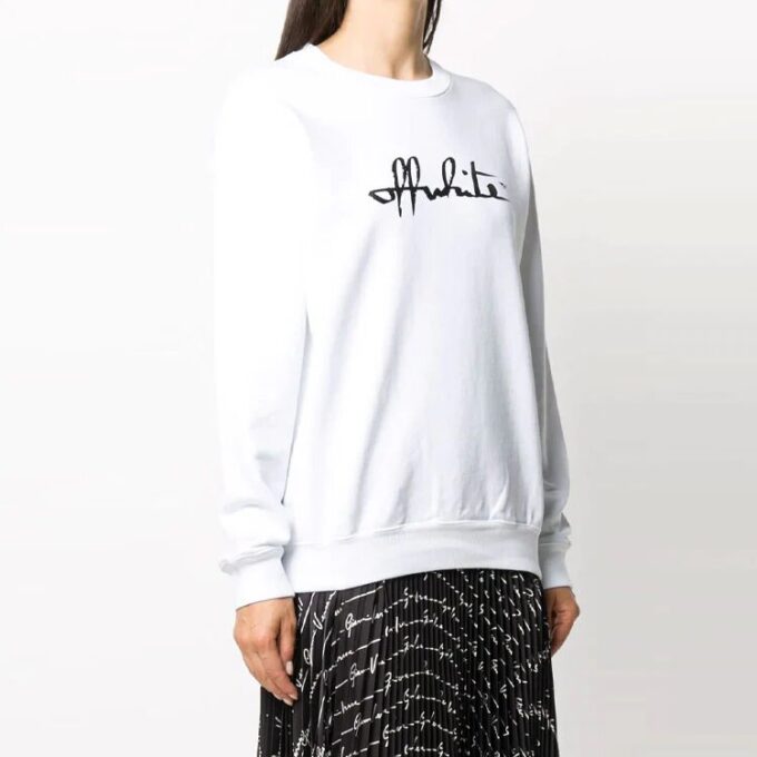 Off-White bomullstrøye med rund hals og trykk, hvit hettegenser