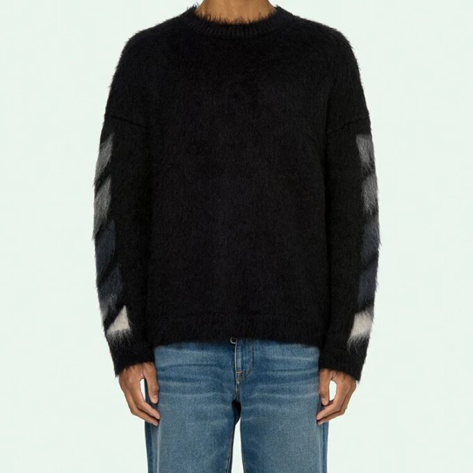 Off-White Fleece-strikket skjorte med rund hals for menn, svart