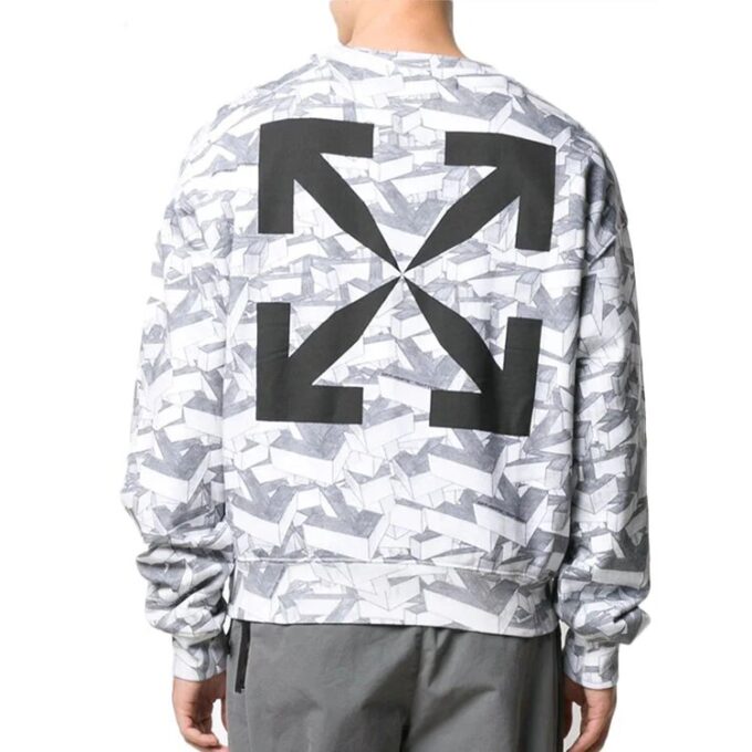 Off-White Herre Bomull Geometrisk Mønster Heltrykk Rund Hals Langermet Hvit