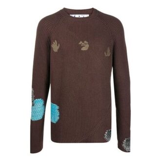 Off-White Herre Brodert Ribbestrikket Pullover Ullgenser Brun