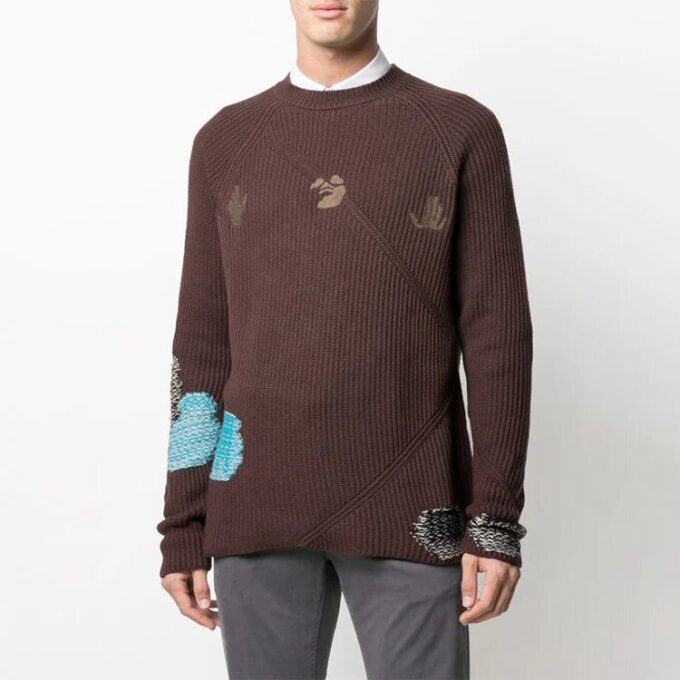 Off-White Herre Brodert Ribbestrikket Pullover Ullgenser Brun