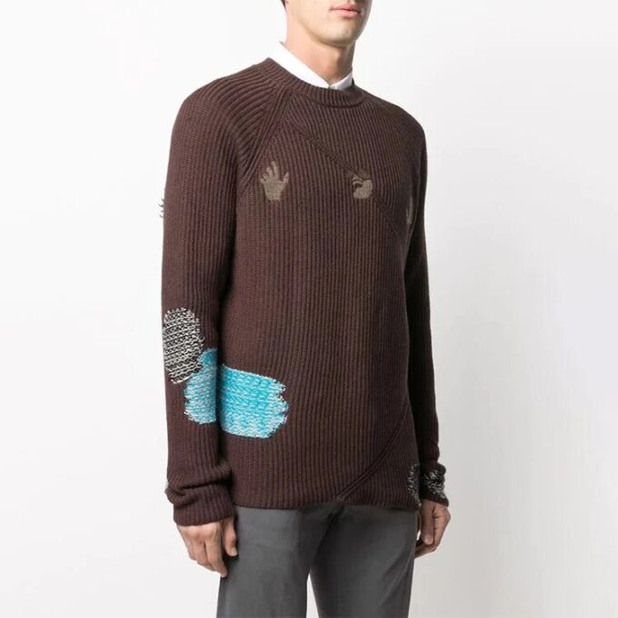 Off-White Herre Brodert Ribbestrikket Pullover Ullgenser Brun