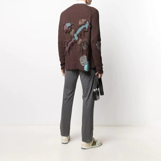 Off-White Herre Brodert Ribbestrikket Pullover Ullgenser Brun