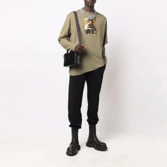 Off-White Herre Caravaggio Boy-trykk Langermet Løs Passform Militærgrønn T-skjorte