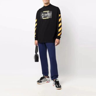 Off-White Herre Caravaggio-maleri mønster Stripe Langermet Løs passform Svart