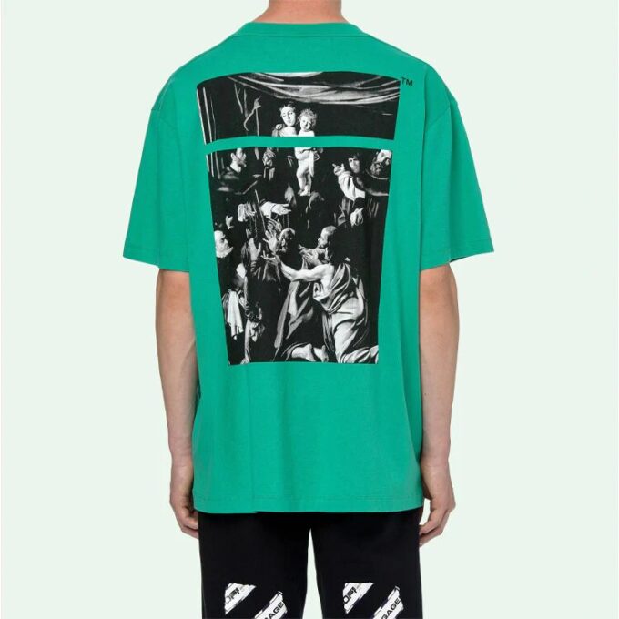 Off-White Herre Caravaggio Square Back Printing Kortærmet Løs Versjon Grønn o Virgil Abloh T-skjorte