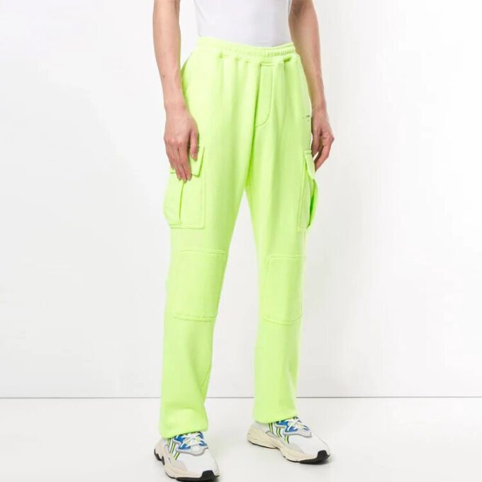 Off-White Herre-cargobukser med lommer og elastisk linning/joggebukser/bukser i fluorescerende grønt