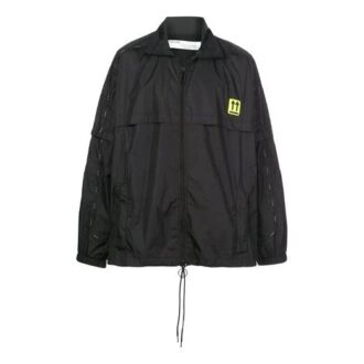 Off-White Herre ensfarget jakke med glidelås, høy krage, tynn og lett, løs passform, svart