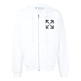 Off-White Herre ensfarget logo-trykk mønster hettejakke med glidelås hvit