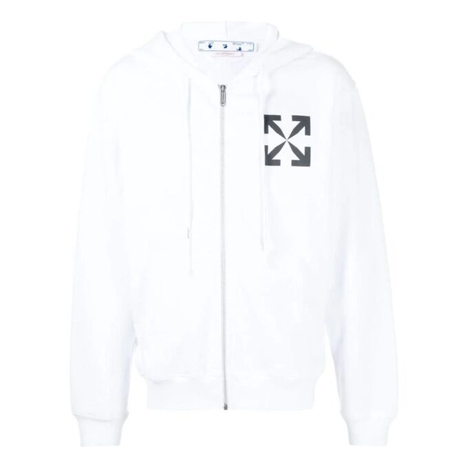 Off-White Herre ensfarget logo-trykk mønster hettejakke med glidelås hvit