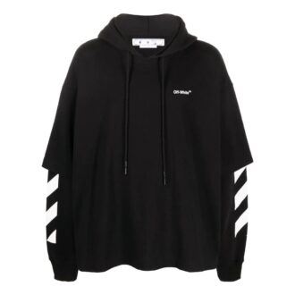 Off-White Herre ensfarget med stripet trykk, hette og lange ermer, svart