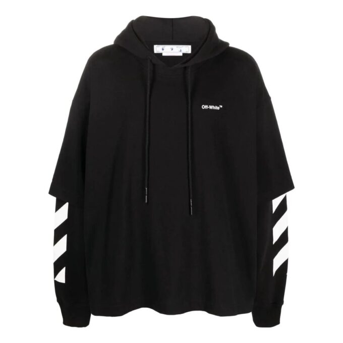Off-White Herre ensfarget med stripet trykk, hette og lange ermer, svart