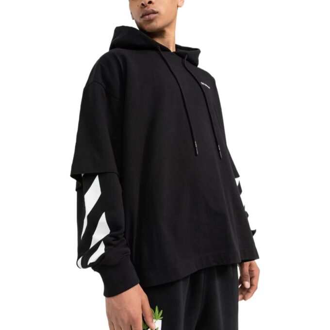Off-White Herre ensfarget med stripet trykk, hette og lange ermer, svart