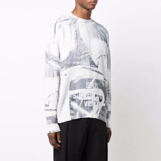 Off-White Herre FW21 Abstrakt trykk Rund hals Pullover Ullgenser Løs passform Hvit