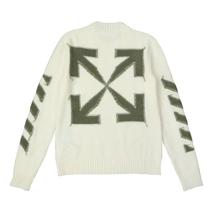 Off-White Herre FW21 Arrow Logo Rundhalset Pullover Ullgenser Løs Passform Melkehvit