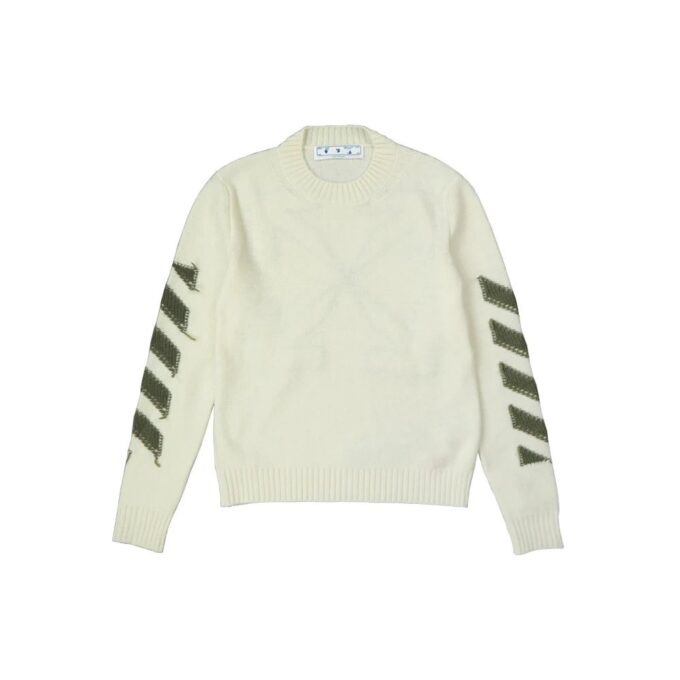 Off-White Herre FW21 Arrow Logo Rundhalset Pullover Ullgenser Løs Passform Melkehvit