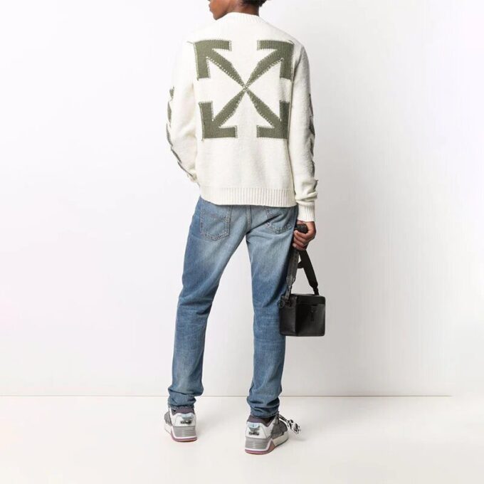 Off-White Herre FW21 Arrow Logo Rundhalset Pullover Ullgenser Løs Passform Melkehvit