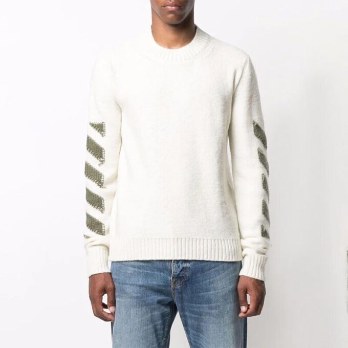Off-White Herre FW21 Arrow Logo Rundhalset Pullover Ullgenser Løs Passform Melkehvit