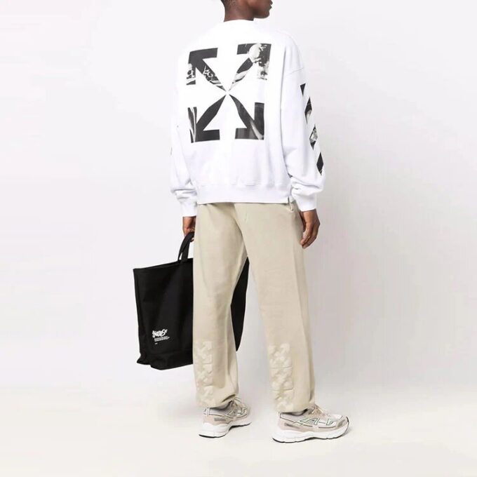 Off-White Herre FW21 Arrow Logo-trykk Pullover Rundhalset Løs Passform Hvit