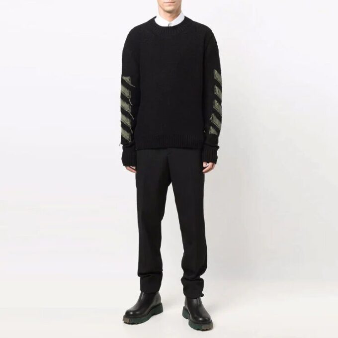 Off-White Herre FW21 Arrow Pattern Rundhalset Pullover Ullgenser Løs Passform Svart