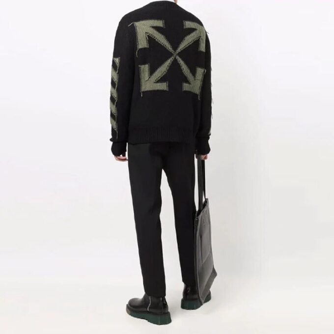 Off-White Herre FW21 Arrow Pattern Rundhalset Pullover Ullgenser Løs Passform Svart