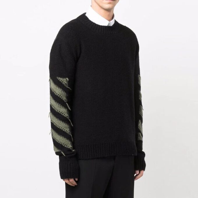 Off-White Herre FW21 Arrow Pattern Rundhalset Pullover Ullgenser Løs Passform Svart