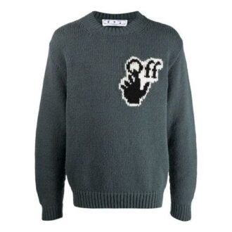 Off-White Herre FW21 Bryst Intarsia Strikk Logo Rundhals Langermet Ullgenser Løs Passform Grønn