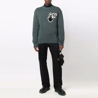 Off-White Herre FW21 Bryst Intarsia Strikk Logo Rundhals Langermet Ullgenser Løs Passform Grønn