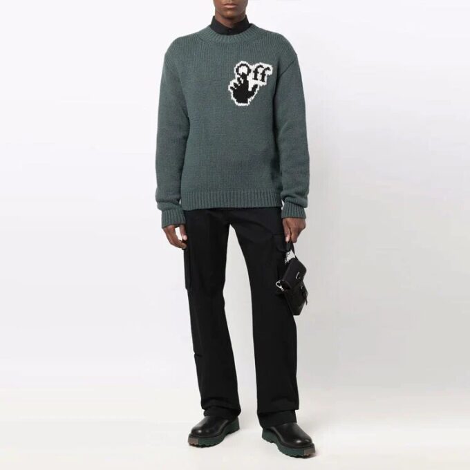 Off-White Herre FW21 Bryst Intarsia Strikk Logo Rundhals Langermet Ullgenser Løs Passform Grønn