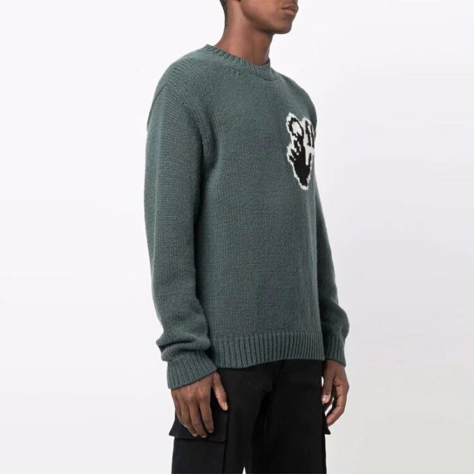 Off-White Herre FW21 Bryst Intarsia Strikk Logo Rundhals Langermet Ullgenser Løs Passform Grønn