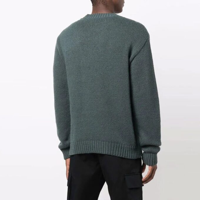 Off-White Herre FW21 Bryst Intarsia Strikk Logo Rundhals Langermet Ullgenser Løs Passform Grønn