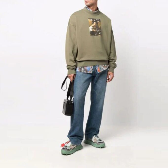 Off-White Herre FW21 Caravaggio-maleri uten hette, løs passform, grønn