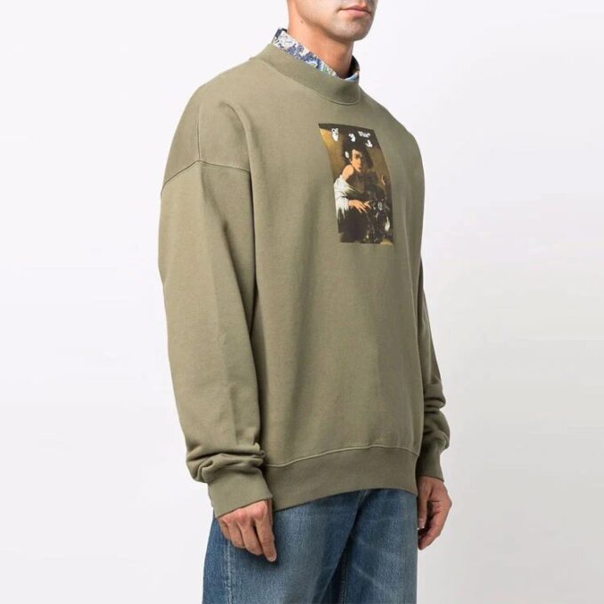 Off-White Herre FW21 Caravaggio-maleri uten hette, løs passform, grønn