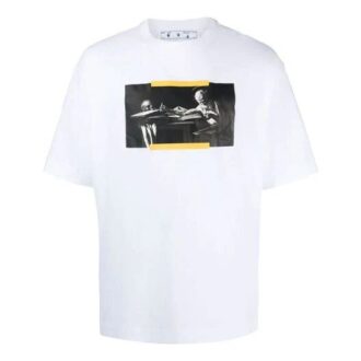 Off-White Herre FW21 Caravaggio-mønstertrykk Rundhalset kortærmet Slim Fit hvit T-skjorte