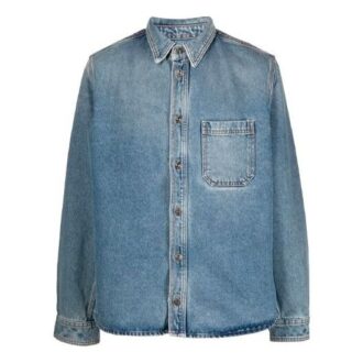 Off-White Herre FW21 Casual Distress Denim Langermet Løs Passform Blå Skjorte