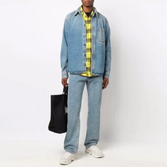 Off-White Herre FW21 Casual Distress Denim Langermet Løs Passform Blå Skjorte