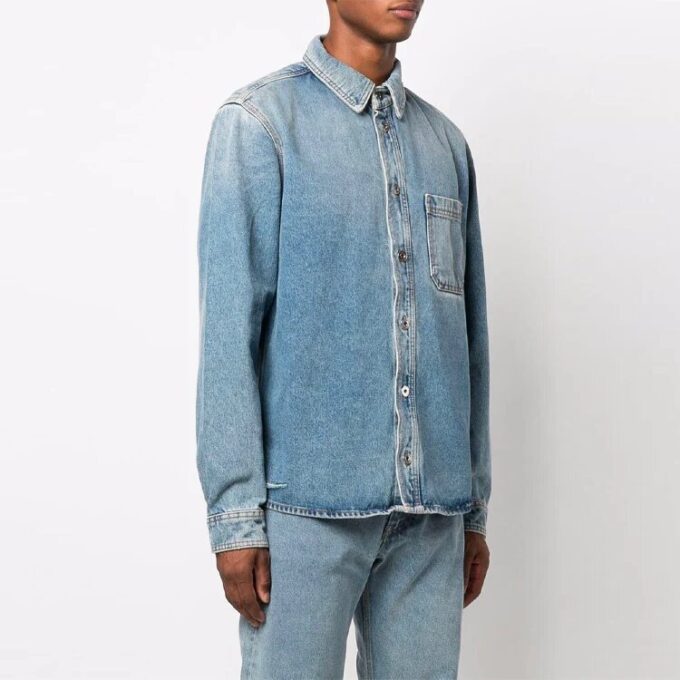 Off-White Herre FW21 Casual Distress Denim Langermet Løs Passform Blå Skjorte