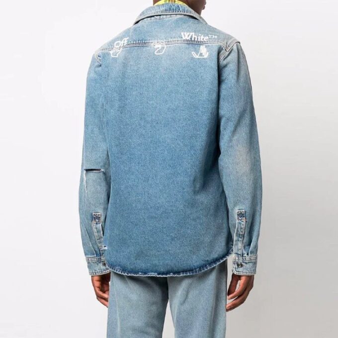 Off-White Herre FW21 Casual Distress Denim Langermet Løs Passform Blå Skjorte