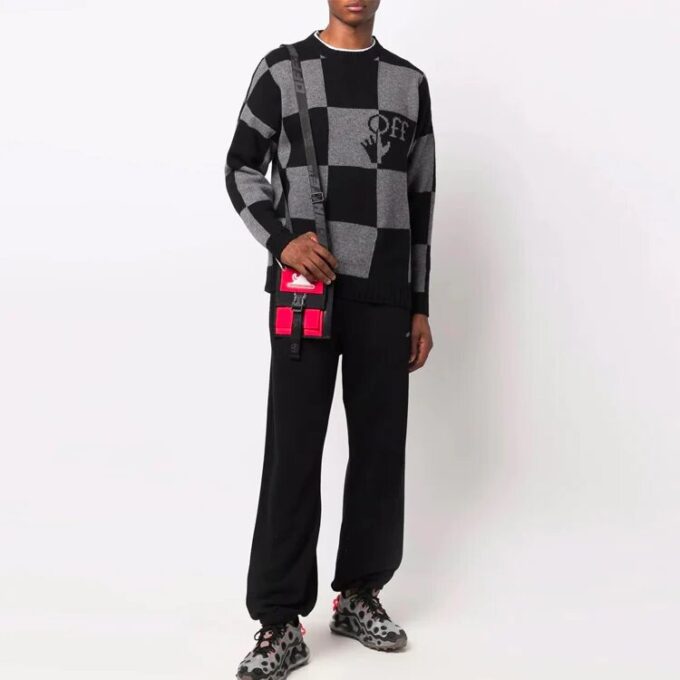 Off-White Herre FW21 Grid Logo Intarsia Knit Ordinary Version Svart