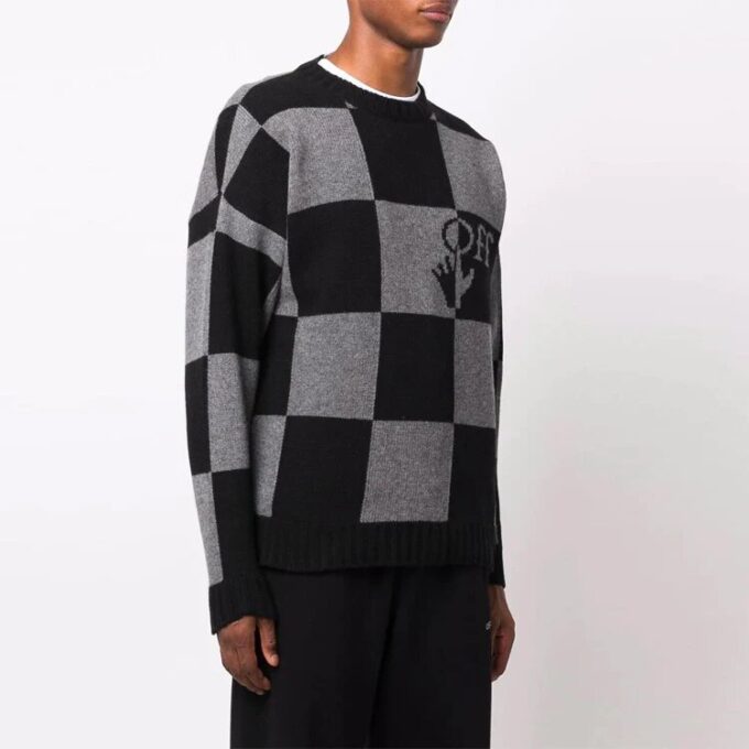 Off-White Herre FW21 Grid Logo Intarsia Knit Ordinary Version Svart