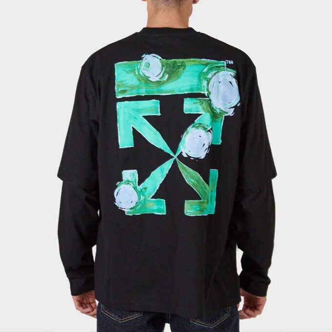 Off-White Herre FW21 Grønn pil på ermet Langermet løs passform Svart T-skjorte