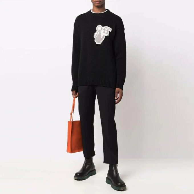 Off-White Herre FW21 Hands Off Logo Alfabet Rundhalset Ullgenser Løs Passform Svart