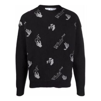 Off-White Herre FW21 Intarsia-strikket genser med logo, rund hals, løs passform, svart